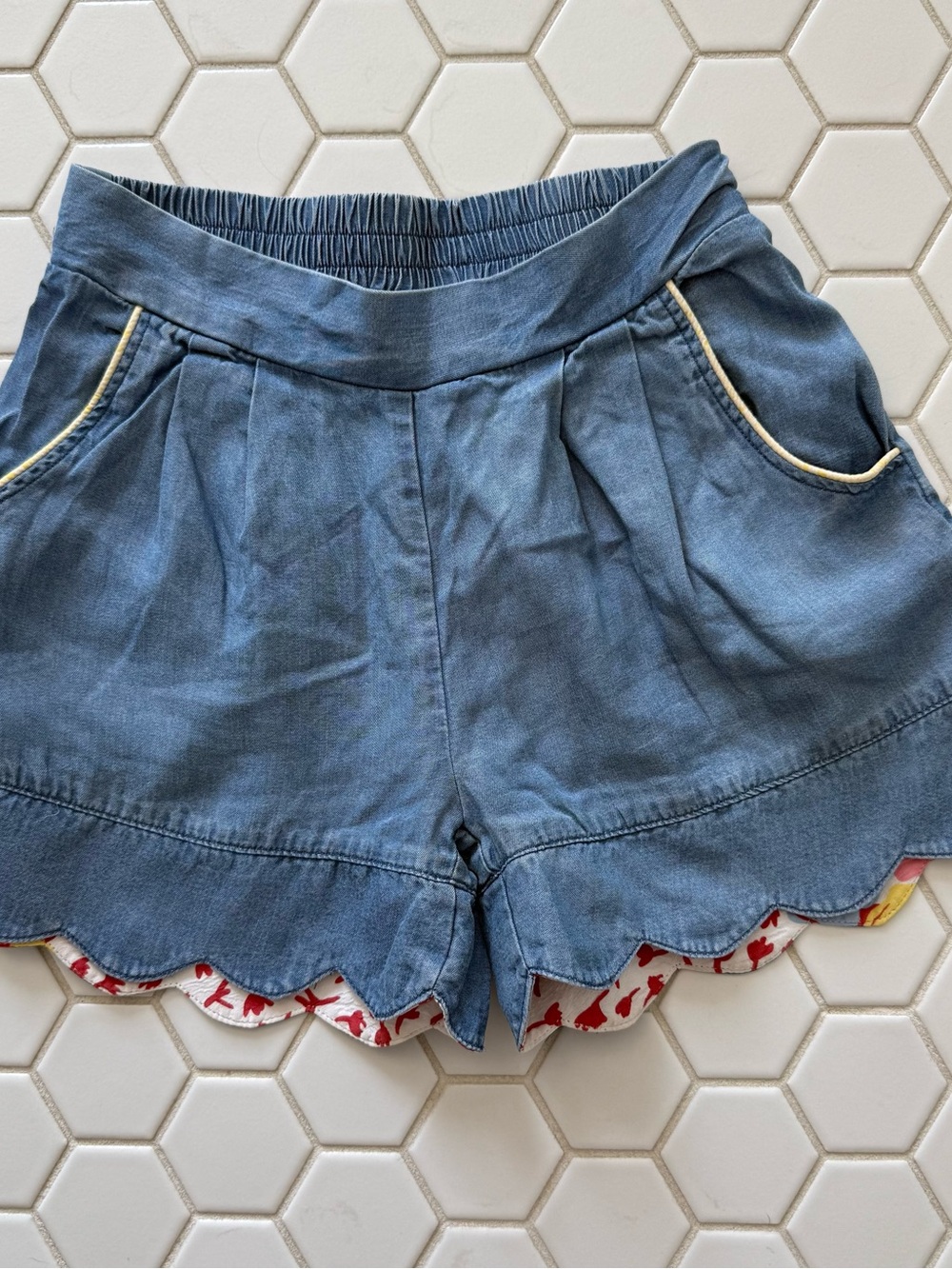 Girls' Blue Scallop-Hem Shorts with Contrast Trim